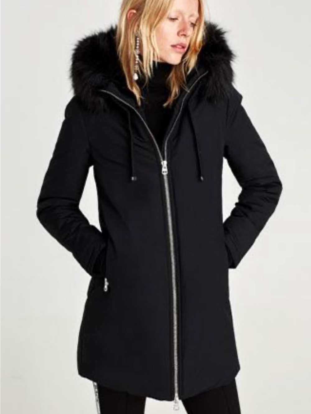 Zara Outerwear Black Puffer Parka Women Size XS Removable Fur Hood Zip Long Coat